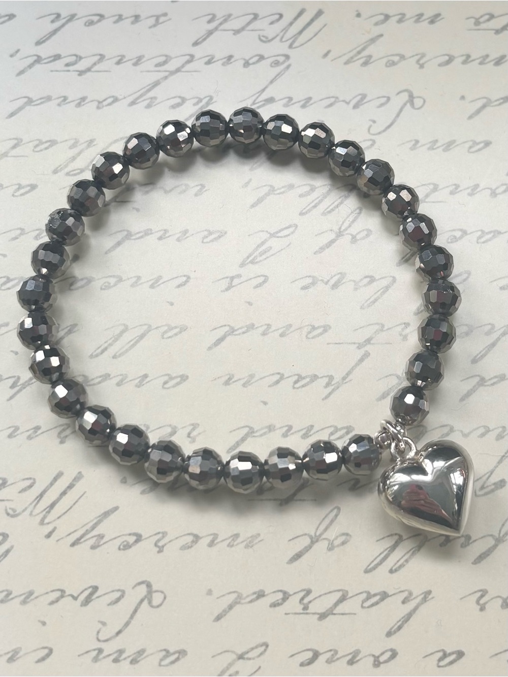 Silver Gunmetal Crystal Beaded Bracelet with Silver Heart Charm